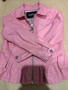 Guess Kids Vibrant Pink Ruffled Faux Leather Jacket